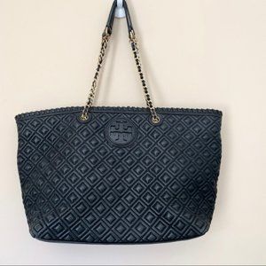 Tory Burch Marion Diamond Quilted Lambskin Leather Tote - Black